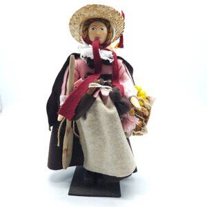 Plimoth Plantation Folk Art Doll With Straw Hat & Basket Signed Mary Michaud '15